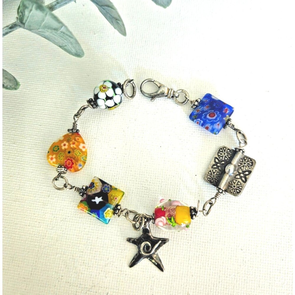 Artisan Lampwork Glass Bracelet Millefiori Beads Sterling .925 Tested Boho OOAK